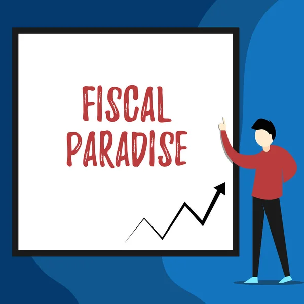 Word writing text Fiscal Paradise. Business concept for The waste of public money is a great concern topic View young man standing pointing up blank rectangle Geometric background. — 스톡 사진