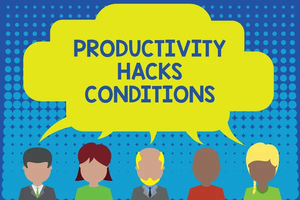 Conceptual hand writing showing Productivity Hacks. Business photo showcasing tricks that you get more done in the same amount of time Five different persons sharing speech bubble People talking.