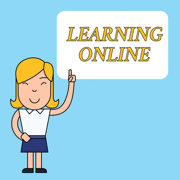 Writing note showing Learning Online. Business photo showcasing Learn something new with the help of internet and technology Woman Standing with Raised Left Index Finger Pointing at Blank Text Box. — Stock Photo, Image