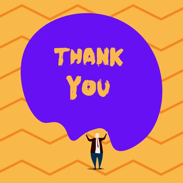 Text sign showing Thank You. Conceptual photo a polite expression used when acknowledging a gift or service Male human wear formal tuxedo hold asymmetrical shape bubble use both hands. — Stock Photo, Image