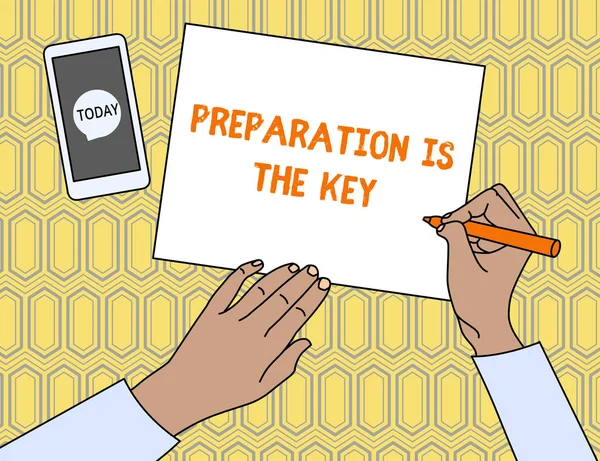 Text sign showing Preparation Is The Key. Conceptual photo it reduces errors and shortens the activities Top View Man Writing Blank Paper Pen Pencil Marker Smartphone Message Icon.