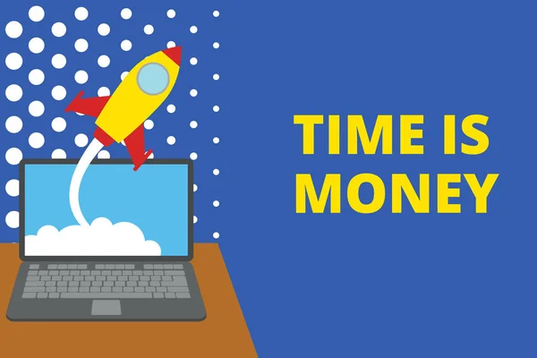 Writing note showing Time Is Money. Business photo showcasing time is a valuable resource Do things as quickly as possible Successful rocket launching laptop background Startup grow.