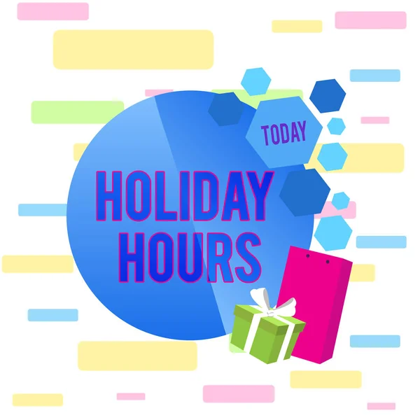 Writing note showing Holiday Hours. Business photo showcasing employee receives twice their normal pay for all hours Greeting Card Poster Gift Package Presentation Box Decorated by Bowknot. — 스톡 사진