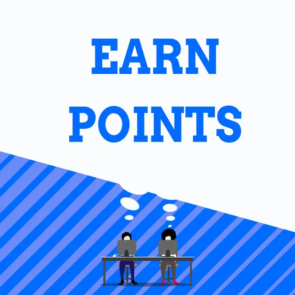 Writing note showing Earn Points. Business photo showcasing getting praise or approval for something you have done Man with purple trouser sit on chair talk to fellow near computer table. — Stock Photo, Image
