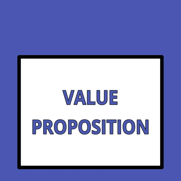 Writing note showing Value Proposition. Business photo showcasing feature intended to make a company or product attractive Front close up view big blank rectangle abstract geometrical background. — 스톡 사진