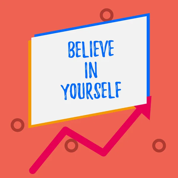 Writing note showing Believe In Yourself. Business photo showcasing common piece of advice that you can do everything One blank rectangle above another arrow zigzag upwards increasing sale. — 스톡 사진