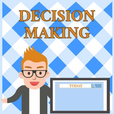 Karar Verme'yi gösteren kavramsal el yazısı. İş fotoğrafı metni İki veya daha fazla olasılık arasında karar verme eylemi Ekran Sunumunda Arama Aracı ile Erkek Hoparlör Ekranı.