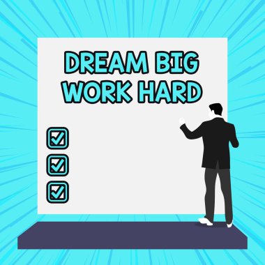 Dream Big Work Hard gösteren kavramsal el yazısı. İş fotoğraf metin Kendinize inanın ve hayalleri ve hedefleri kadın boş büyük dikdörtgen izlerken izleyin. Geometrik arka plan.