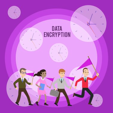 Conceptual hand writing showing Data Encryption. Business photo showcasing Symmetrickey algorithm for the encrypting electronic data Crowd Flags Headed by Leader Running Demonstration Meeting. clipart
