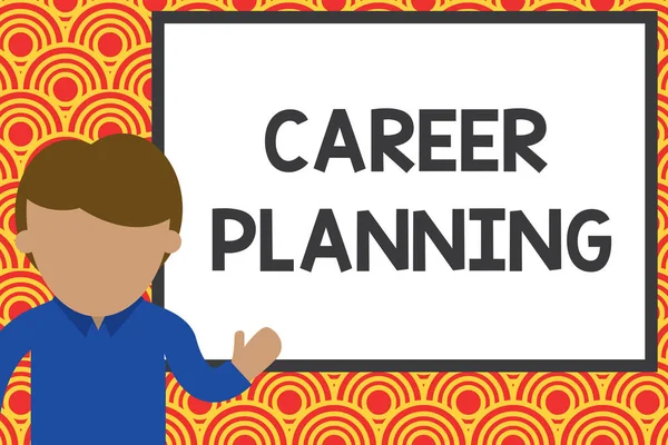 Handwriting text writing Career Planning. Concept meaning Strategically plan your career goals and work success Young man standing in front whiteboard pointing to project. photo Art. — Stock Photo, Image