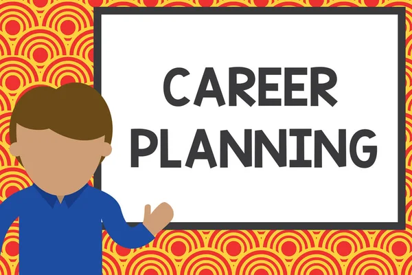 Handwriting text writing Career Planning. Concept meaning Strategically plan your career goals and work success Young man standing in front whiteboard pointing to project. photo Art.
