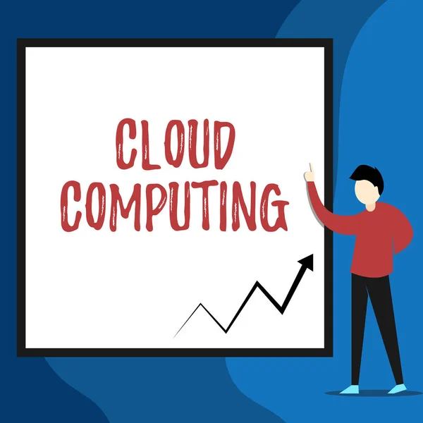 Tekst schrijven Cloud Computing. Zakelijk concept voor het gebruik van een netwerk van externe servers gehost op het internet Bekijk jonge man staande wijzen op lege rechthoek Geometrische achtergrond. — Stockfoto