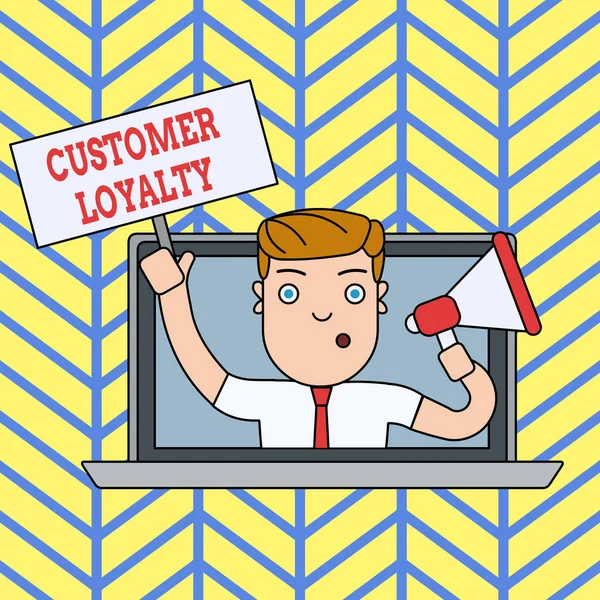 Handwriting text writing Customer Loyalty. Concept meaning result of consistently positive emotional experience Man Speaking Through Laptop Screen into Megaphone Blank Plate with Handle. — Stock Photo, Image