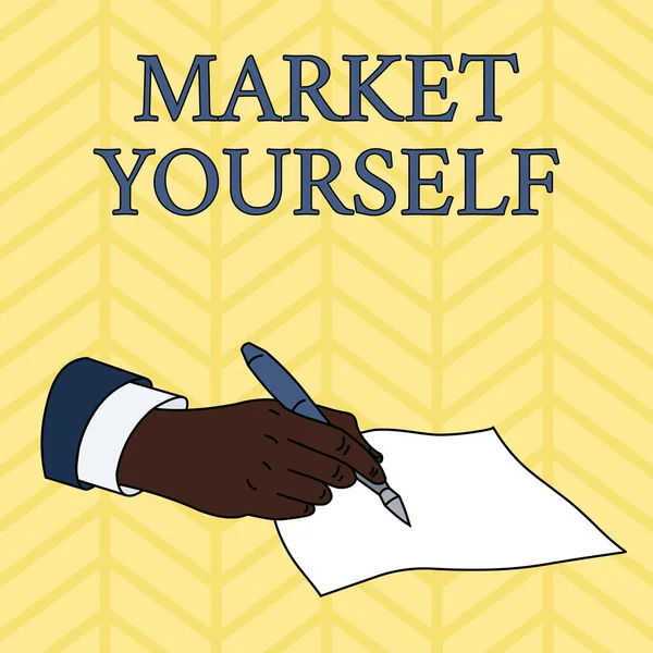 Słowo pisanie tekstu Market siebie. Business concept for Making yourself for any kind of task and project in life Mężczyzna Ręcznie Formalny garnitur Holding Ballpoint Pen Blank Piece of Paper Writing. — Zdjęcie stockowe