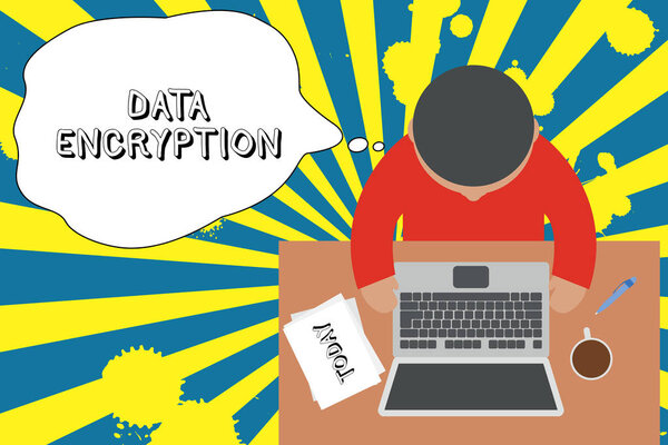 Запись, показывающая шифрование данных. Деловое фото, демонстрирующее симметричный алгоритм шифрования электронных данных Верхний вид Молодой человек сидящий за столом ноутбук документы кофе чашка ручка
.