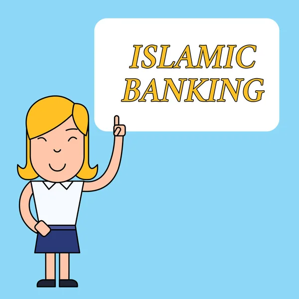 Escribiendo una nota que muestra la Banca Islámica. Foto de negocios mostrando el sistema bancario basado en los principios de la ley islámica Mujer de pie con el índice de izquierda elevado Señalando con el dedo el cuadro de texto en blanco . — Foto de Stock