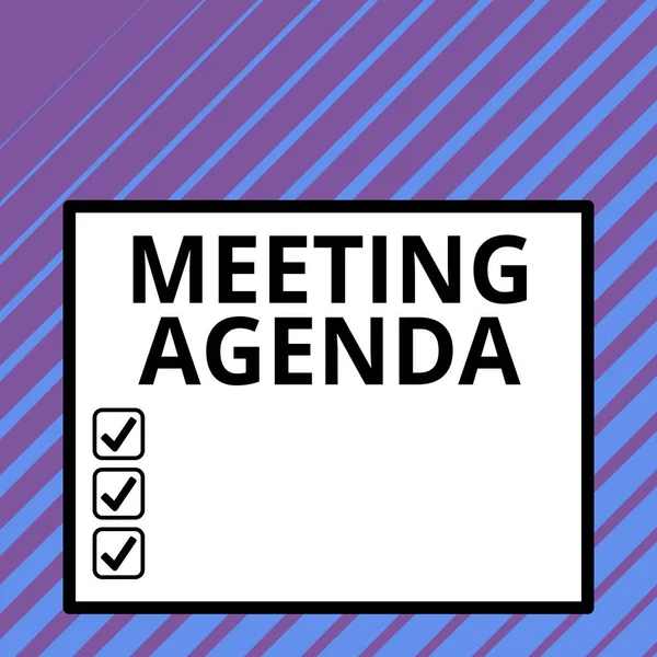 Conceptual hand writing showing Meeting Agenda. Business photo text items that participants hope to accomplish at a meeting Big square background inside one thick bold black outline frame. — Stock Photo, Image