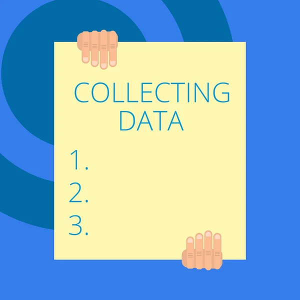 Writing note showing Collecting Data. Business photo showcasing Gathering and measuring information on variables of interest Two hands holding big blank rectangle up down Geometrical background. — Stock Photo, Image