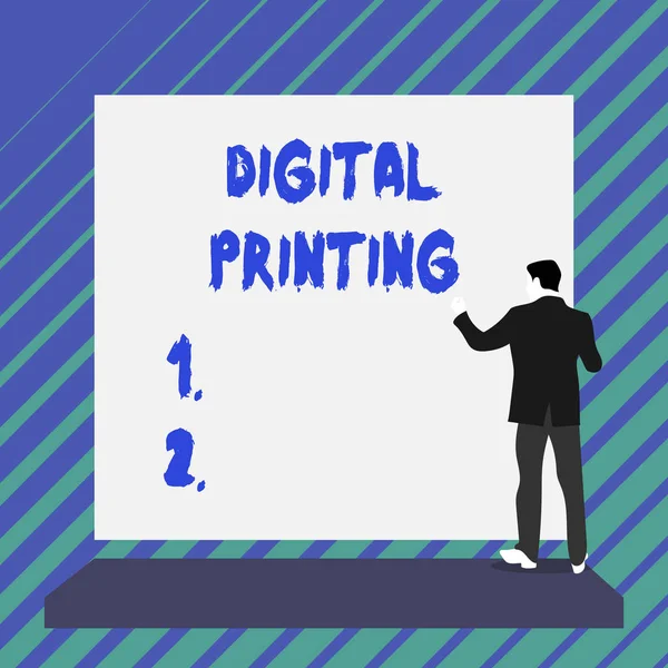 Writing note showing Digital Printing. Business photo showcasing digital based images directly to variety of media Short hair immature young man stand in front of rectangle big board. — ストック写真