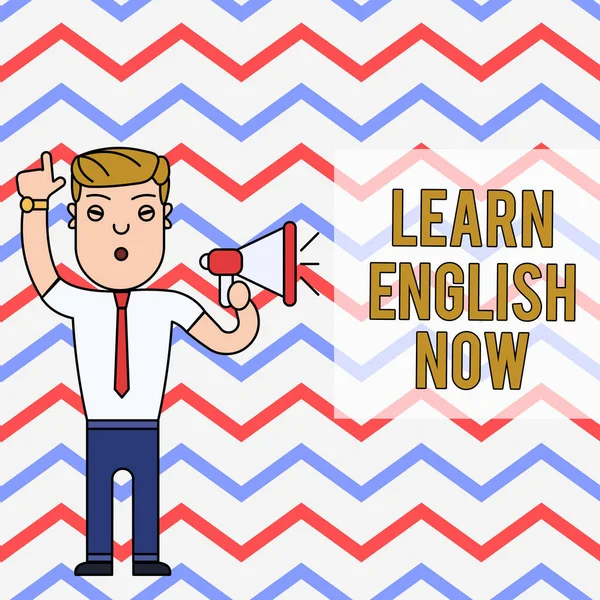 Word writing text Learn English Now. Business concept for gain or acquire knowledge and skill of english language Man Standing with Raised Right Index Finger and Speaking into Megaphone.