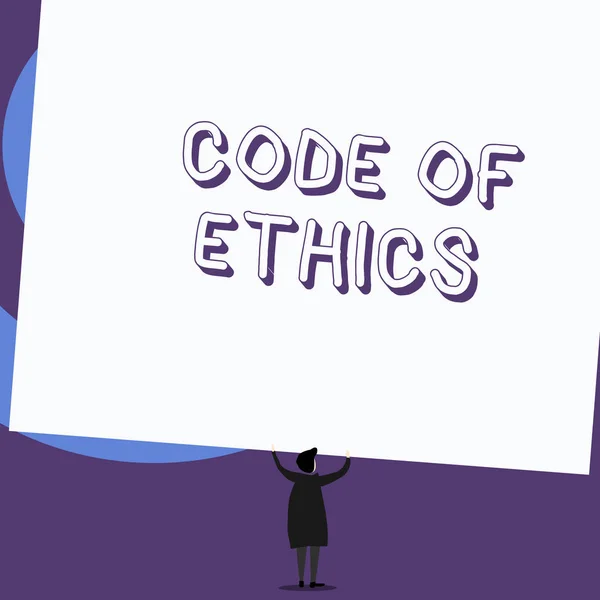 Writing note showing Code Of Ethics. Business photo showcasing basic guide for professional conduct and imposes duties Standing short hair woman dress hands up holding rectangle. — 스톡 사진