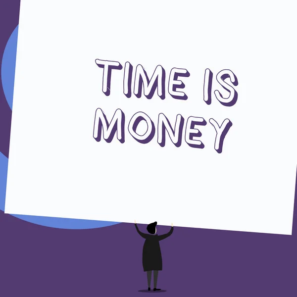 Een briefje met Time Is Money erop. Zakelijke foto presentatie tijd is een waardevolle bron Doe dingen zo snel mogelijk Staande korte haar vrouw jurk handen omhoog houden rechthoek. — Stockfoto