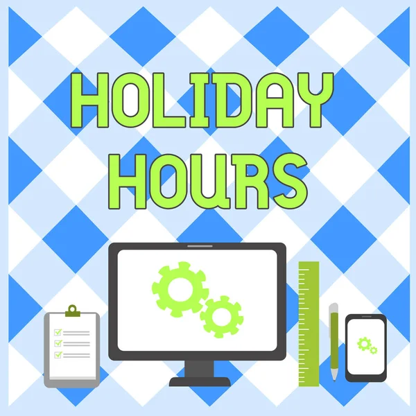 Conceptual hand writing showing Holiday Hours. Business photo showcasing employee receives twice their normal pay for all hours Business Concept PC Monitor Mobile Device Clipboard Ruler.