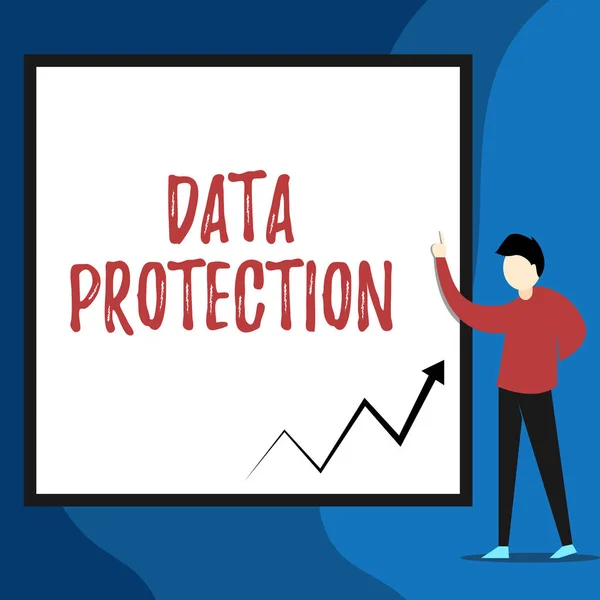 Word writing text Data Protection. Business concept for Protect IP addresses and demonstratingal data from harmful software View young man standing pointing up blank rectangle Geometric background. — 图库照片