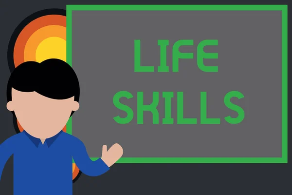 Text sign showing Life Skills. Conceptual photo skill that is necessary for full participation in everyday life Young man standing in front whiteboard pointing to project. photo Art.