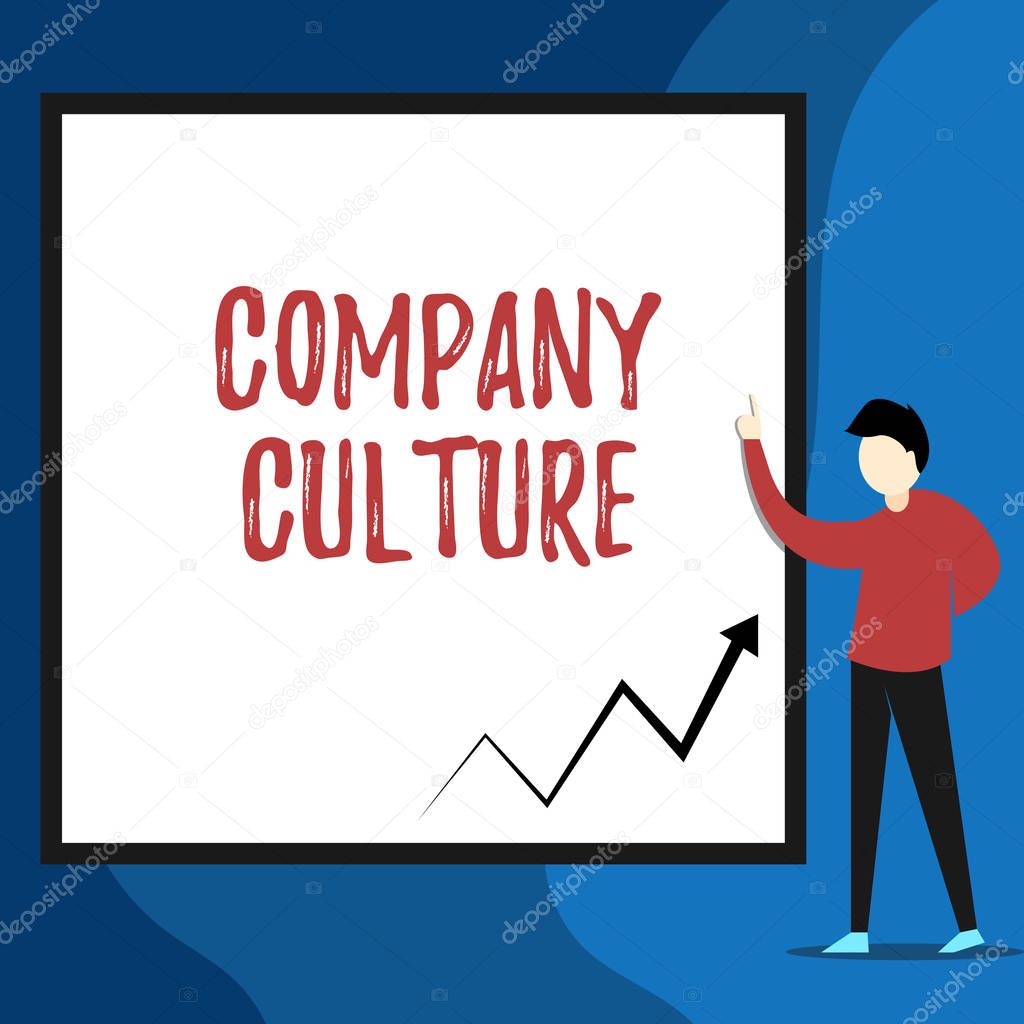 Word writing text Company Culture. Business concept for The environment and elements in which employees work View young man standing pointing up blank rectangle Geometric background.