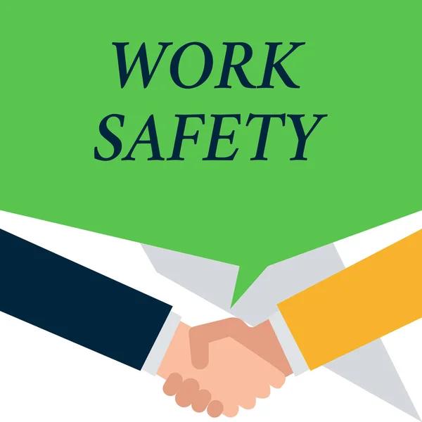 Conceptual hand writing showing Work Safety. Business photo showcasing policies and procedures in place to ensure health of employees People have conversation greet each other and shake hands. — Stock Photo, Image