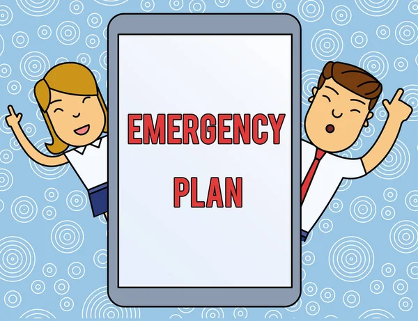 Word writing text Emergency Plan. Business concept for procedures for handling sudden or unexpected situations Male and Female Index Fingers Up Touch Screen Tablet Smartphone Device.