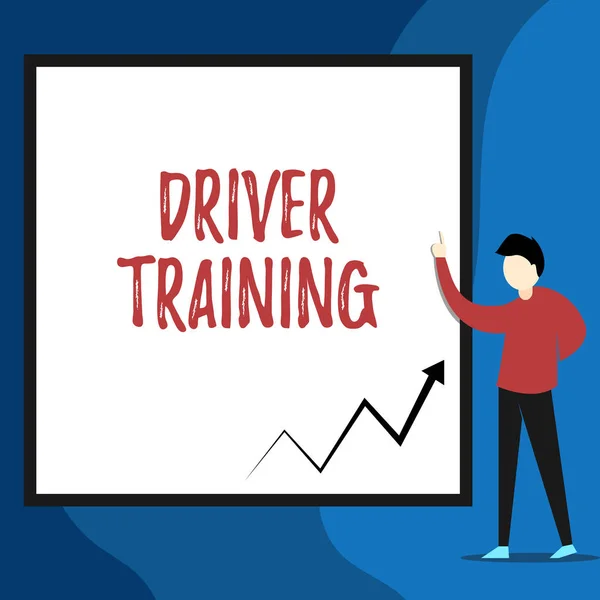 Word writing text Driver Training. Business concept for prepares a new driver to obtain a driver s is license View young man standing pointing up blank rectangle Geometric background. — 스톡 사진