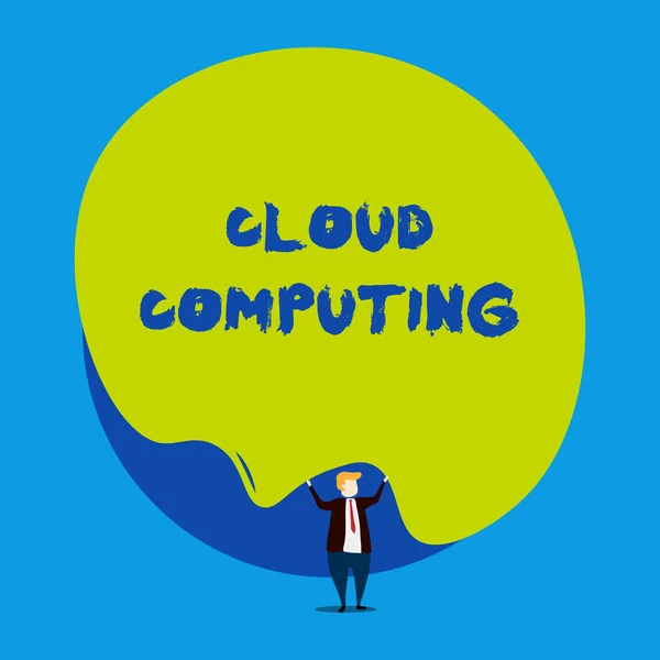 Conceptuele hand schrijven waarin Cloud Computing wordt weergegeven. Zakelijke fotopresentatie gebruik een netwerk van externe servers gehost op het Internet mannelijke menselijke slijtage formele Tuxedo Hold asymmetrische vorm Bubble. — Stockfoto