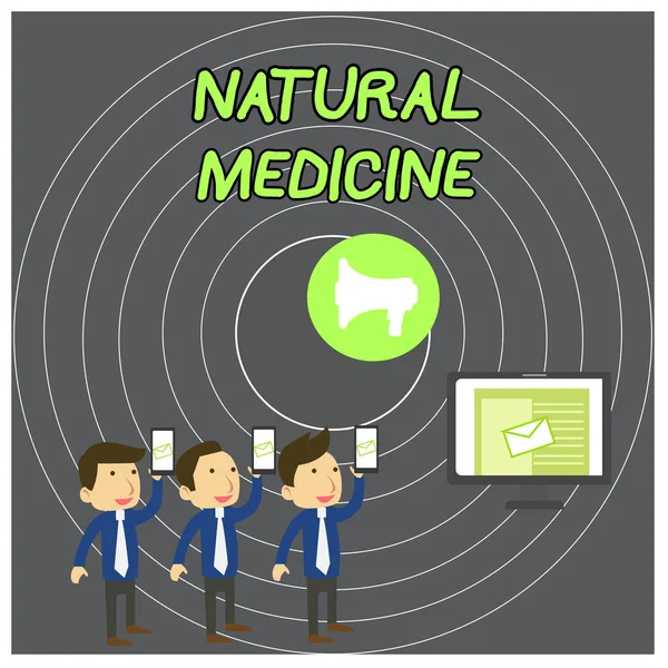 Text sign showing Natural Medicine. Conceptual photo any of various systems of healing or treating disease SMS Email Marketing Media Audience Attraction Personal Computer Loudspeaker. — Stock Photo, Image