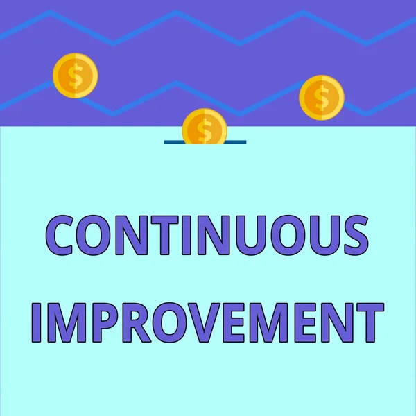 Conceptual hand writing showing Continuous Improvement. Business photo text ongoing effort to improve products or processes Three gold coins value thousand dollars one bounce to piggy bank.