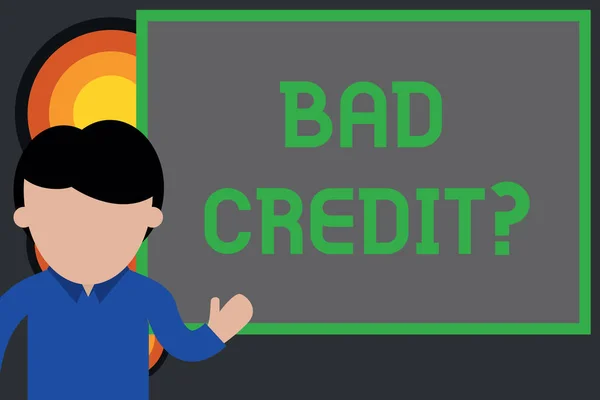 Text sign showing Bad Creditquestion. Conceptual photo inabilityof a demonstrating to repay a debt on time and in full Young man standing in front whiteboard pointing to project. photo Art. — Stock Photo, Image