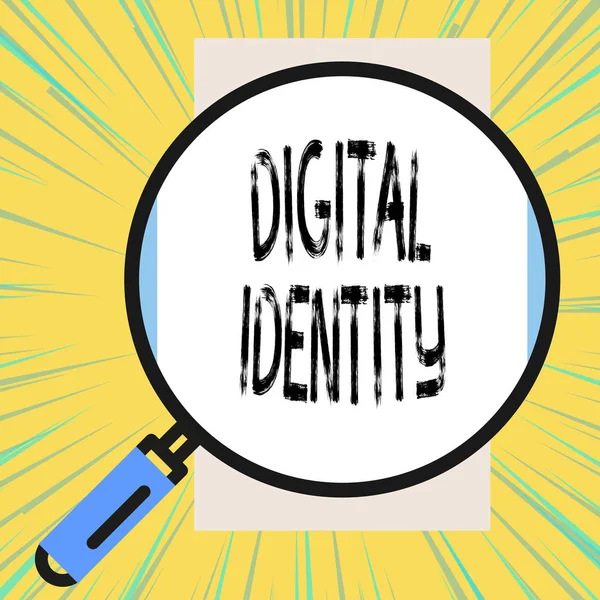 Writing note showing Digital Identity. Business photo showcasing information on entity used by computer to represent agent Big magnifier glass looking vertical rectangle. Geometrical background.