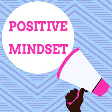 Pozitif Düşünceleri gösteren metin işareti. Olumlu sonuçlar beklediğiniz kavramsal fotoğraf zihinsel tavrı El Tutuşu Hoparlör Boş Konuşma Yuvarlak Metin Balonu Duyurusu.