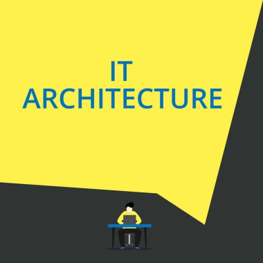 El yazısı metin It Architecture. Kavram anlamı Mimarlık genel yapı sürecine uygulanır Görünüm genç adam oturma koltuğu masa açık dizüstü geometrik arka plan çalışma.