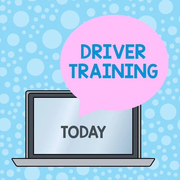 Writing note showing Driver Training. Business photo showcasing prepares a new driver to obtain a driver s is license Round Shape Speech Bubble Floating Over Laptop Backdrop.