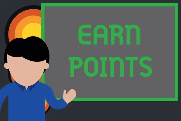 Text sign showing Earn Points. Conceptual photo getting praise or approval for something you have done Young man standing in front whiteboard pointing to project. photo Art. — Stock Photo, Image