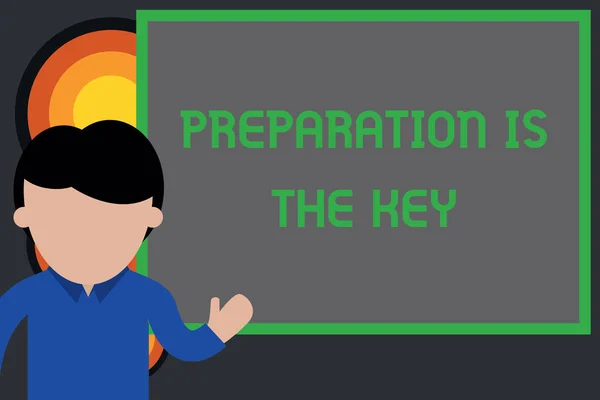 Text sign showing Preparation Is The Key. Conceptual photo it reduces errors and shortens the activities Young man standing in front whiteboard pointing to project. photo Art.