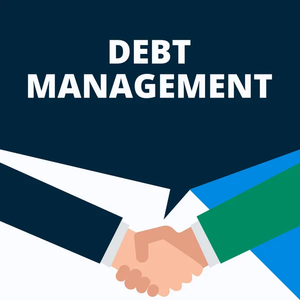 Conceptual hand writing showing Debt Management. Business photo showcasing The formal agreement between a debtor and a creditor Two men hands shaking showing a deal sharing speech bubble. — Stock Photo, Image