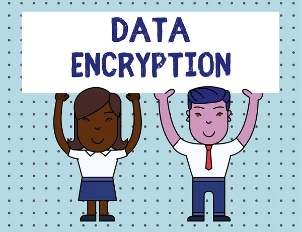 Conceptual hand writing showing Data Encryption. Business photo showcasing Symmetrickey algorithm for the encrypting electronic data Two Smiling People Holding Poster Board Overhead with Hands.