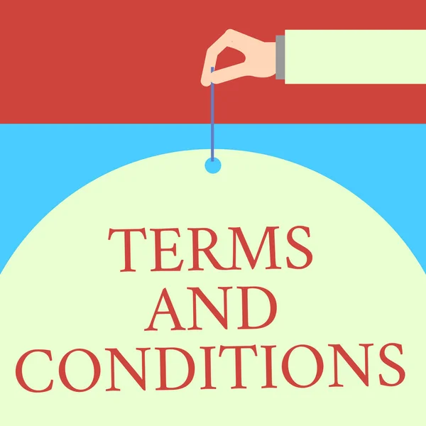 Word writing text Terms And Conditions. Business concept for rules that apply to fulfilling a particular contract Male hand arm needle punching big half blank balloon geometrical background. — 스톡 사진