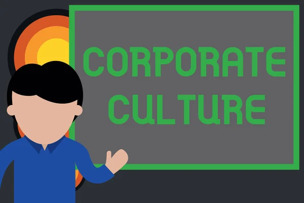 Text sign showing Corporate Culture. Conceptual photo pervasive values and attitudes that characterize a company Young man standing in front whiteboard pointing to project. photo Art.