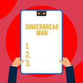 Text sign showing Gingerbread Man. Conceptual photo cookie made of gingerbread usually in the shape of huanalysis Two executive male hands holding electronic device geometrical background.