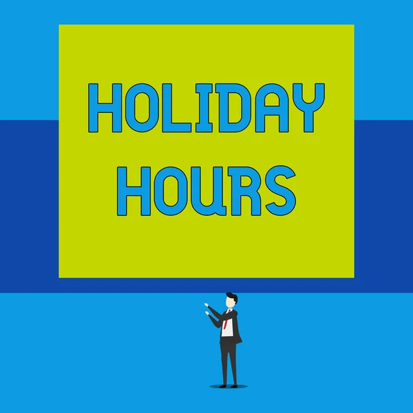 Word writing text Holiday Hours. Business concept for employee receives twice their normal pay for all hours Isolated view young man standing pointing upwards two hands big rectangle. — Stock Photo, Image