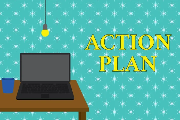 Handwriting text writing Action Plan. Concept meaning proposed strategy or course of actions for certain time Front view open laptop lying on wooden desktop light bulb falling glass.